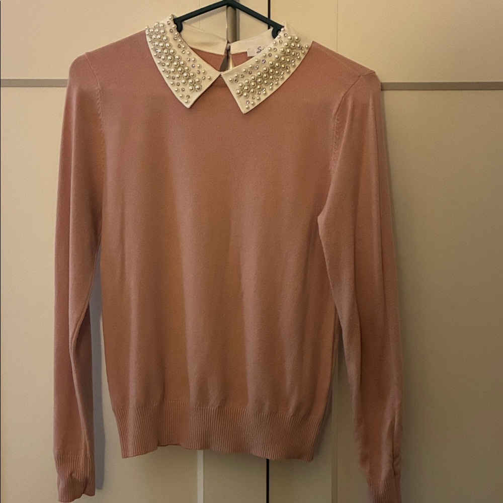 Adorable Pink Sweater with Pearl and Rhinestone Collar